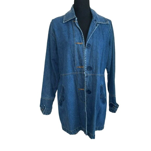 90's Denim Anorak Jacket Bill Blass Womens Denim Long Jacket Size 8 With Button - Picture 1 of 12